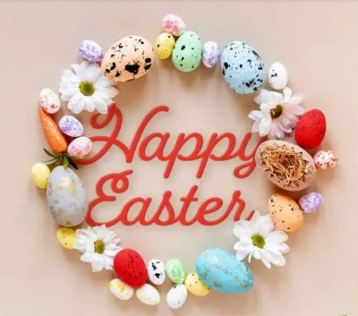 Happy easter wreath made of eggs and flowers