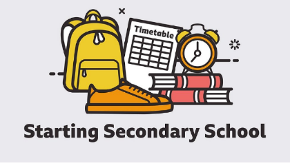 Picture of rucksack, shoes, timetables, clock and books