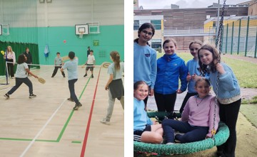 Children playing padel in a gym and girls sitting in a circular swing relaxing