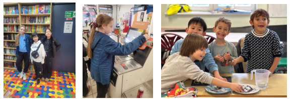 Pupils in library, at self check-out and sharing snacks