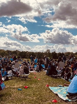 View of field with people having a picnic