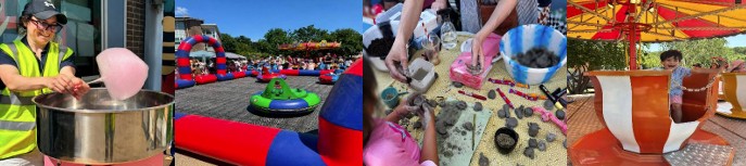 adult spinning pink candy floss, bumper cars, playing with clay, child on fun fair ride in a teacup